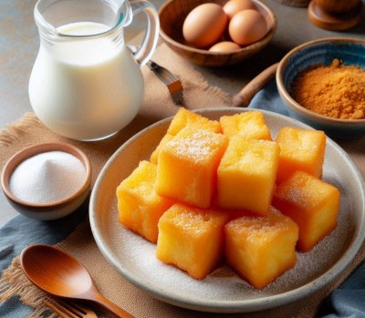 Leche frita realizada con Maicena e ingredientes de fabricación de fondo